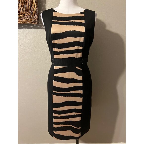 Tahari Dress 10 Black Brown Panel Career Church Stretch Sheath Sleeveless - Picture 5 of 11